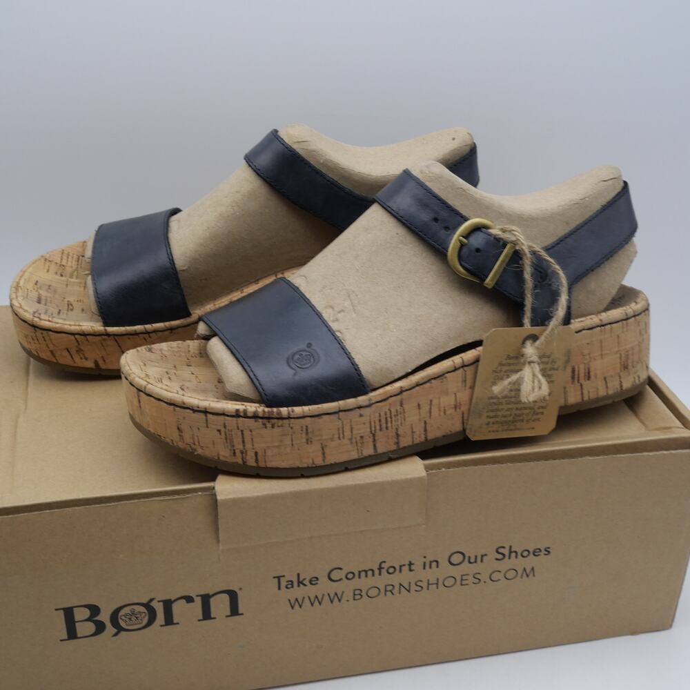 NEW Born Women's 7 Black Leather Sari Sandals Cork Flatform